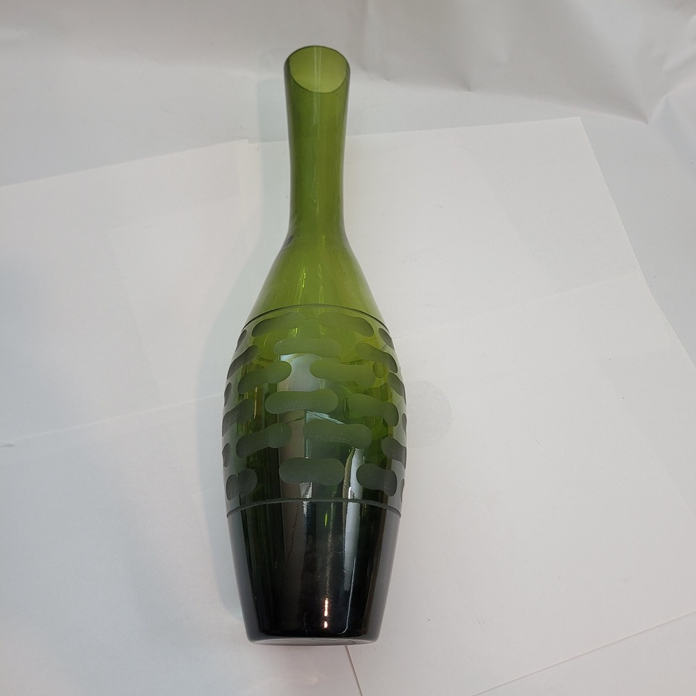 CYS Excel Glassware Hand Blown Glass Vase Olive Green Frosted Oval Pattern 14.5"